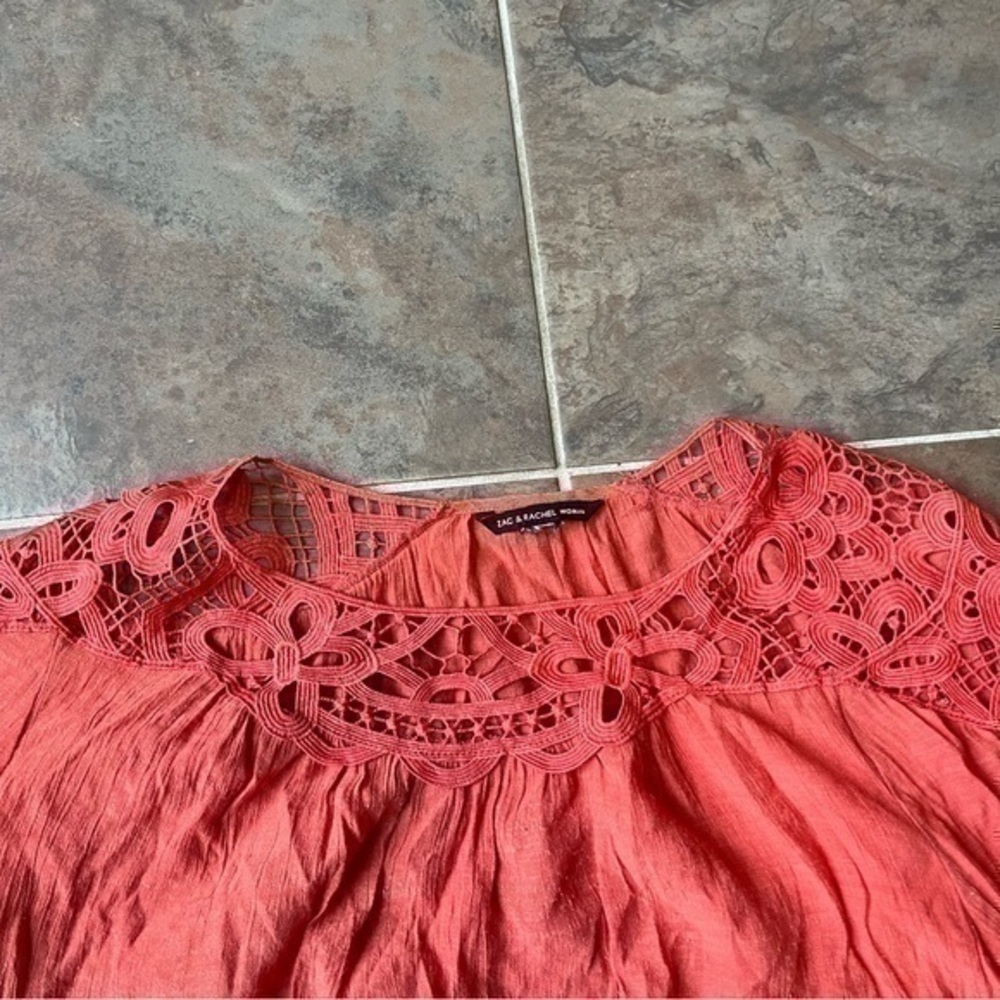 Zac & Rachel Woman Coral Boho Crochet Yoke Peasant Blouse Top Large Cottagecore - Picture 5 of 8